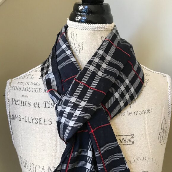 Burberry Silk Rectangle Scarf Navy Blue Red White Plaid Wrap Neck Kerchief - Picture 7 of 11